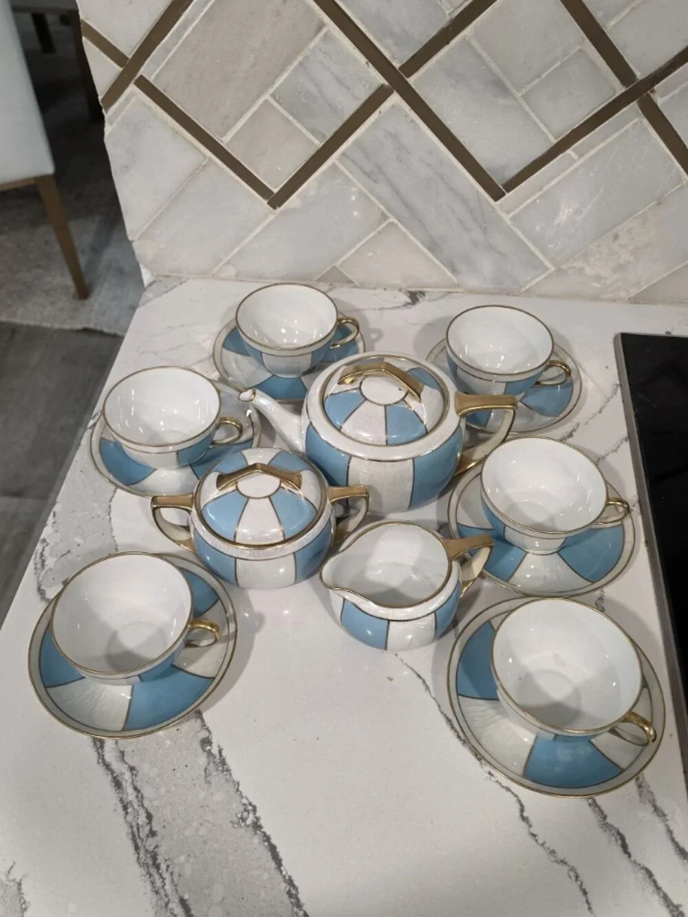 Noritake Tea Set 15-Piece Blue White Pearlescent w/ gold Porcelain Made In Japan